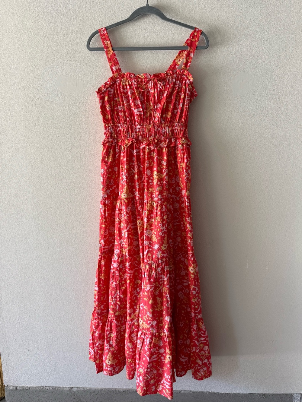 J. Crew Red Floral Smocked Maxi Dress